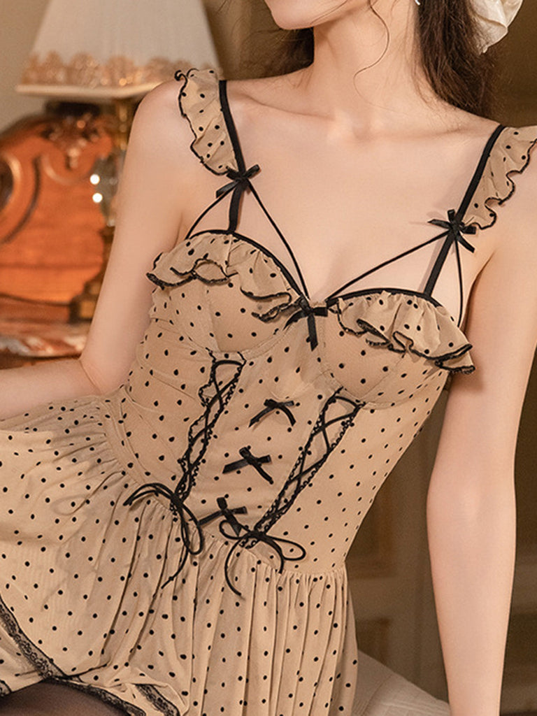 Khaki 50er Babydoll-Nachtkleid mit Polka-Dots und Spaghettiträgern