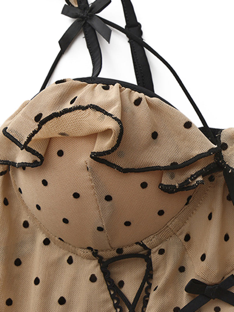 Khaki 50er Babydoll-Nachtkleid mit Polka-Dots und Spaghettiträgern