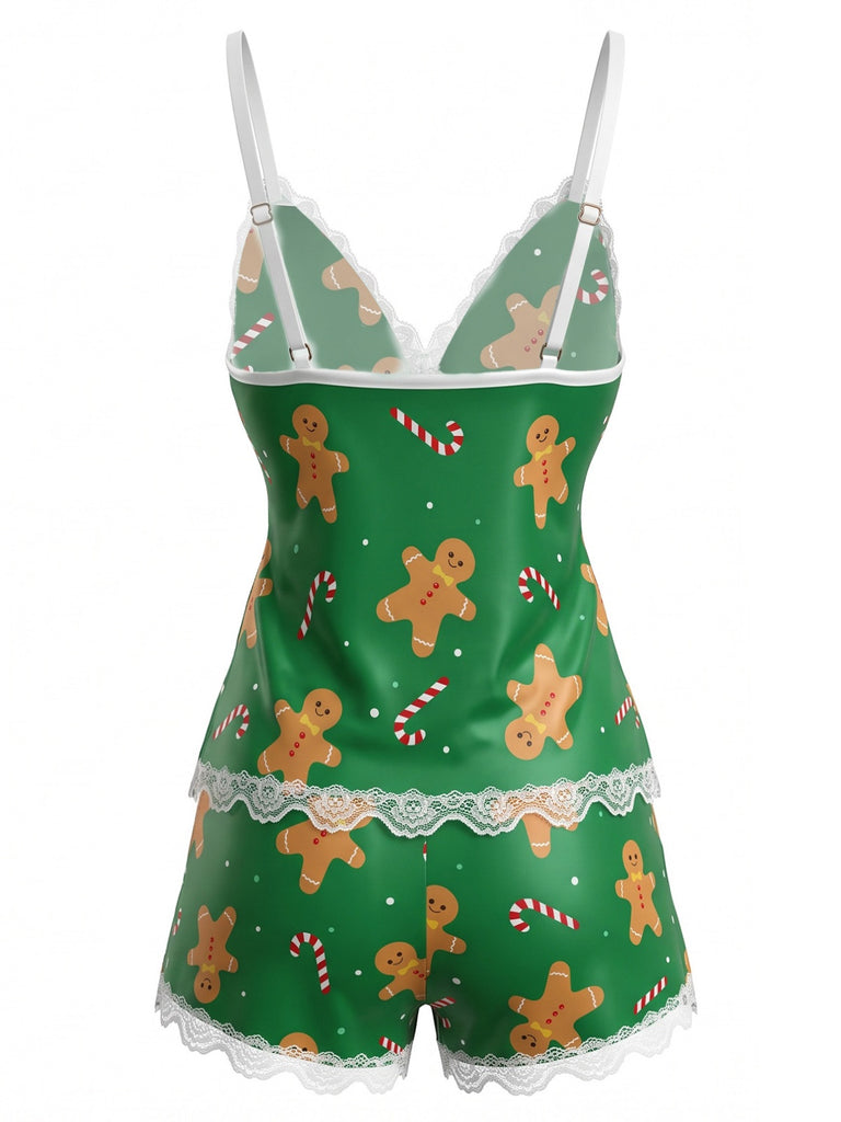 50er Shorty-Pyjama mit Weihnachts-Print, Spaghettiträgern und Spitzenbesatz