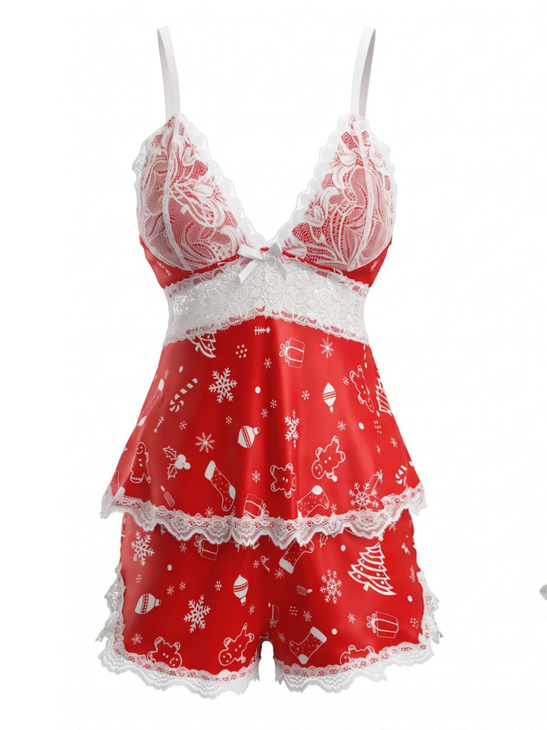 50er Shorty-Pyjama mit Weihnachts-Print, Spaghettiträgern und Spitzenbesatz
