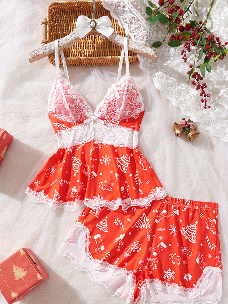50er Shorty-Pyjama mit Weihnachts-Print, Spaghettiträgern und Spitzenbesatz