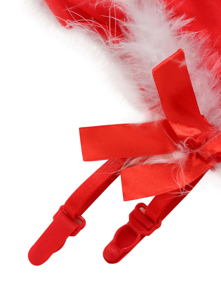 Rotes 60er Weihnachts-Dessous-Set mit Kunstfellbesatz und Schleifen