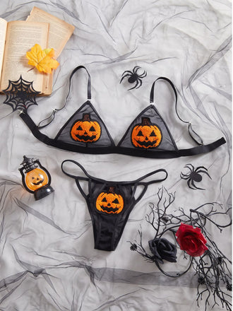 Schwarzes 40er Halloween-Dessous-Set mit Mesh und Plüsch-Kürbissen