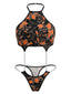 Oranges 50er Halloween Neckholder-Dessous-Set mit Totenkopf und Ketten
