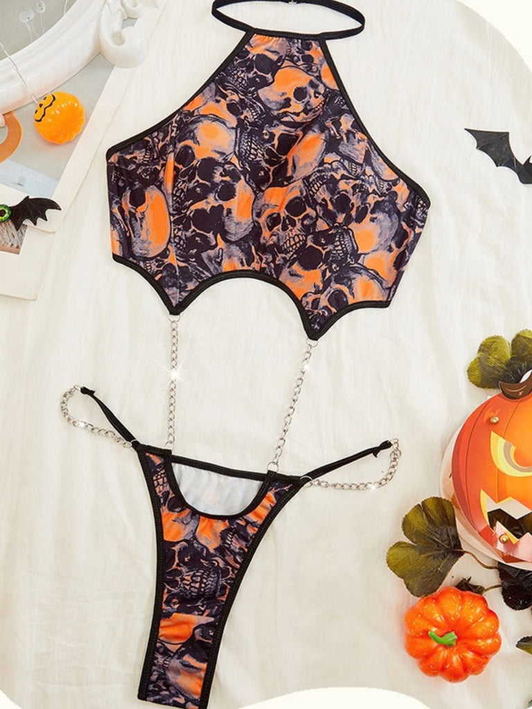 Oranges 50er Halloween Neckholder-Dessous-Set mit Totenkopf und Ketten