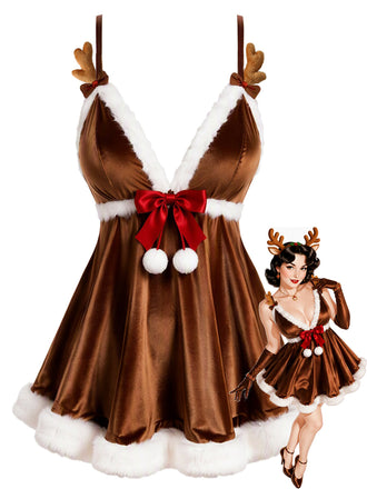 Braunes 60er Weihnachts-Samtnachthemd mit Schleife und Plüschsaum