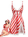 Rotes & weißes 60er Weihnachts-Nachtkleid mit Streifen und Spitze