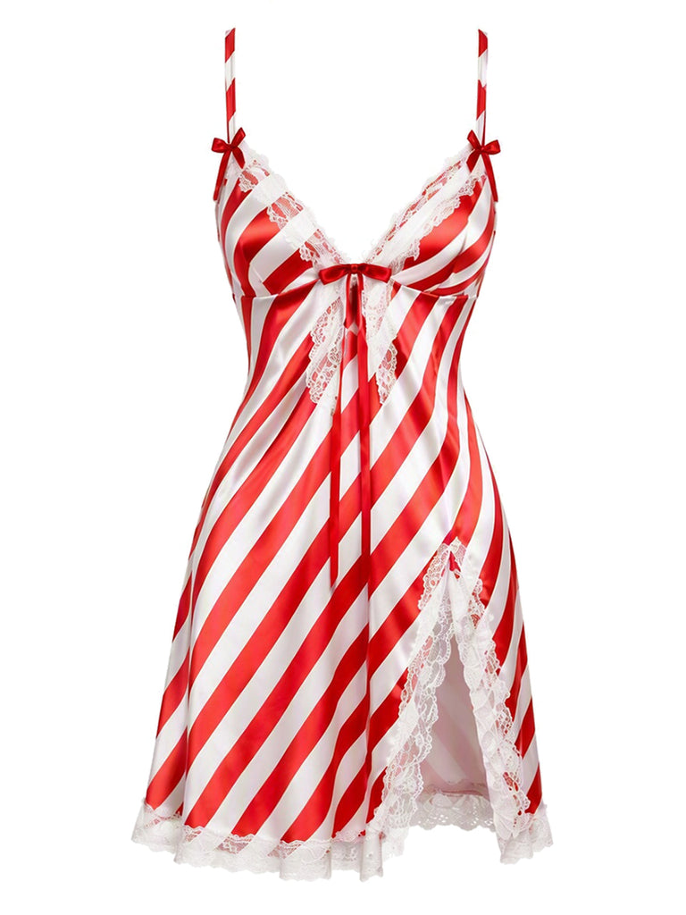 Rotes & weißes 60er Weihnachts-Nachtkleid mit Streifen und Spitze