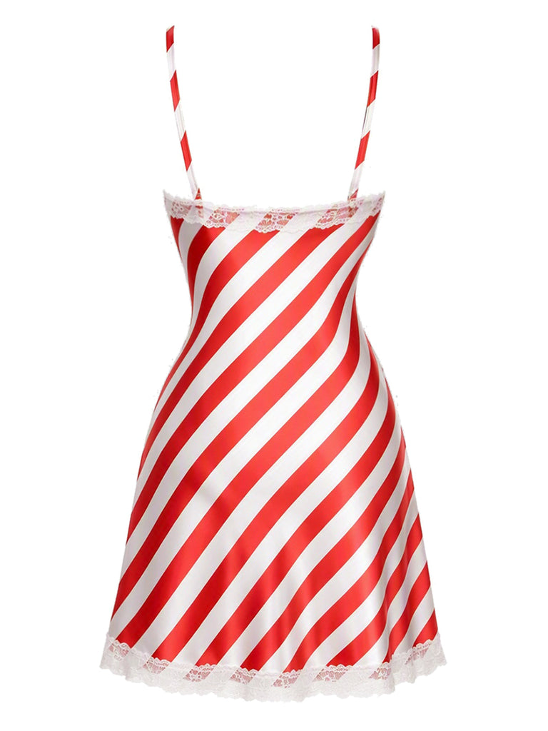 Rotes & weißes 60er Weihnachts-Nachtkleid mit Streifen und Spitze
