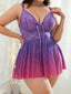 [Übergröße] Lila 40er Ombré-Babydoll aus Mesh mit Spitze im Brustbereich und Schleife