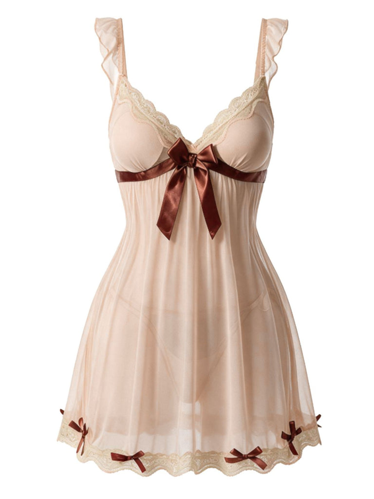 Beige gepolstertes 50er Mesh-Babydoll mit tiefem V-Ausschnitt, Spitze und Schleife