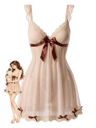 Beige gepolstertes 50er Mesh-Babydoll mit tiefem V-Ausschnitt, Spitze und Schleife