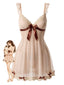 Beige gepolstertes 50er Mesh-Babydoll mit tiefem V-Ausschnitt, Spitze und Schleife