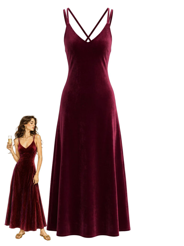 Weinrotes 30er Midi-Samtnachtkleid mit V-Ausschnitt und Trägern
