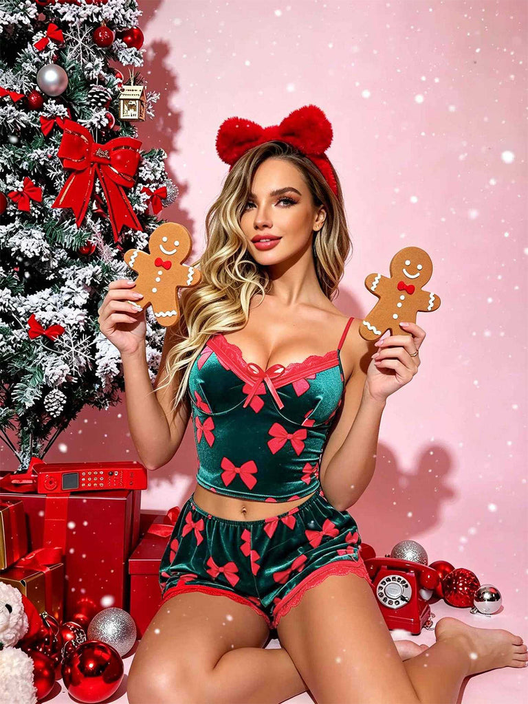 Grüner 50er Weihnachts-Samt-Shorty-Pyjama mit Schleifen-Print
