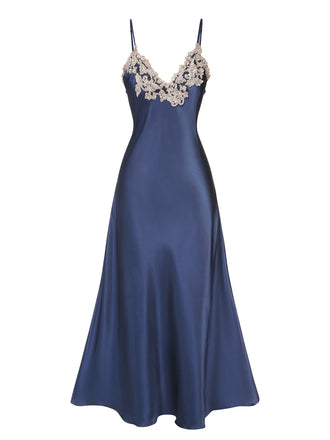 [Vorverkauf] Dunkelblau 1930er Bestickt Kunstsatin Riemen Nachthemd