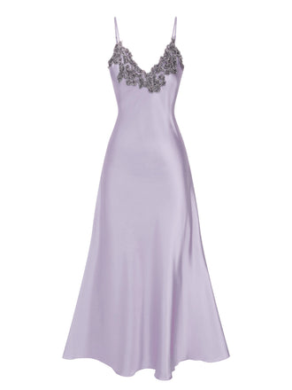 Lila 1930er Bestickt Kunstsatin Riemen Nachthemd