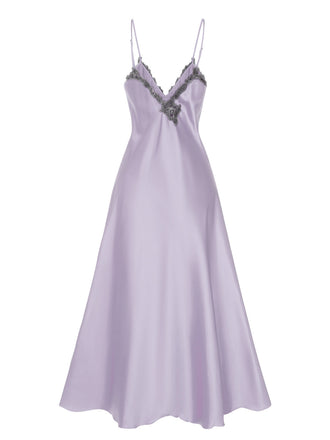 Lila 1930er Bestickt Kunstsatin Riemen Nachthemd