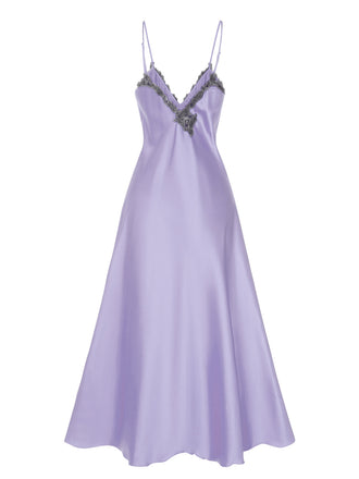 Lila 1930er Bestickt Kunstsatin Riemen Nachthemd