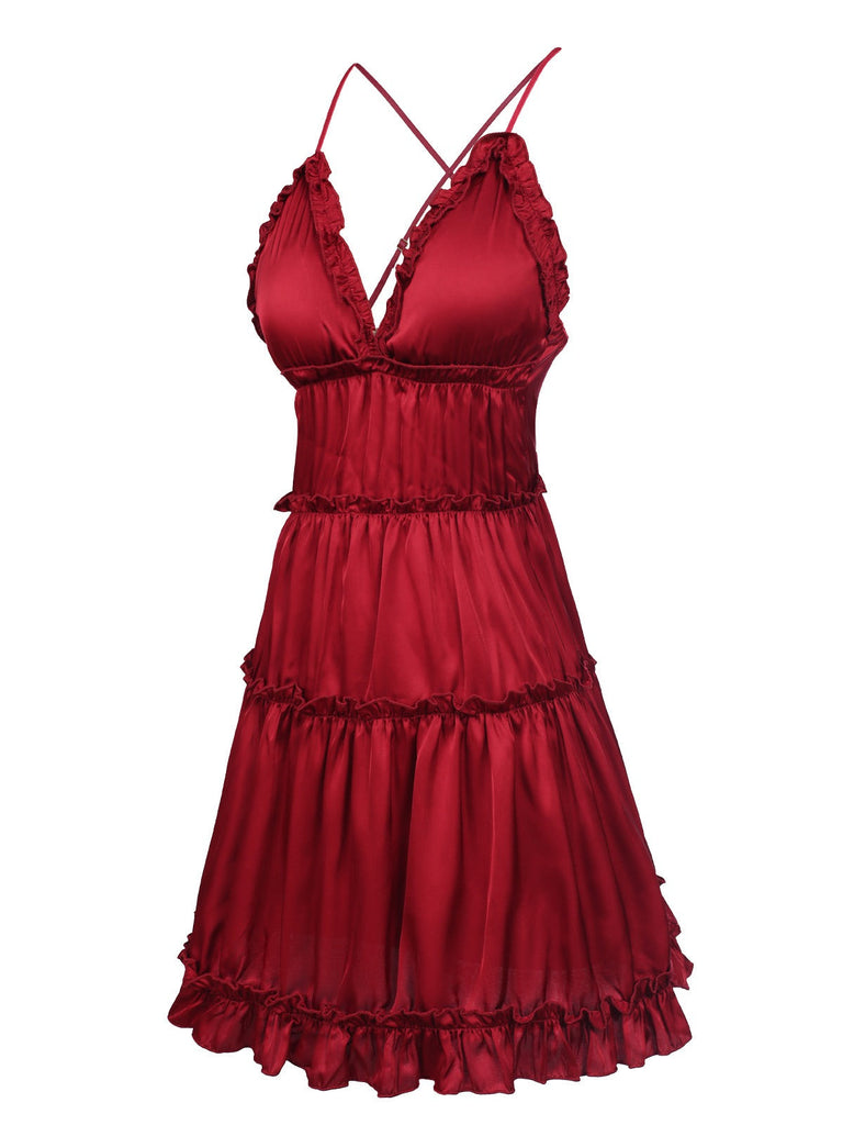 1950er Solid Wrinkle Falten Spaghetti Träger Nachthemd