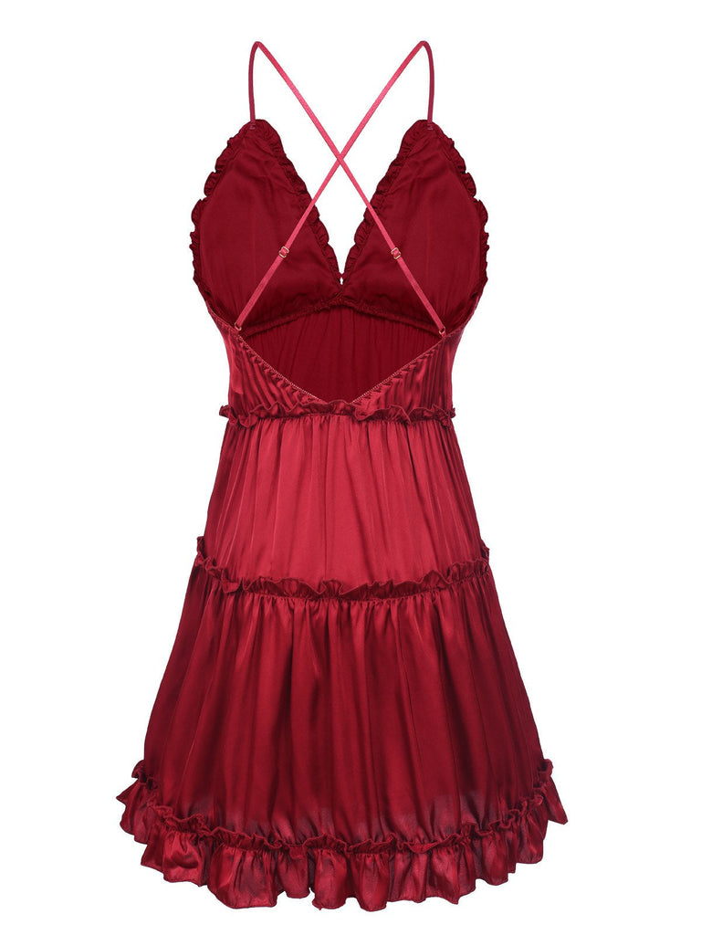 1950er Solid Wrinkle Falten Spaghetti Träger Nachthemd