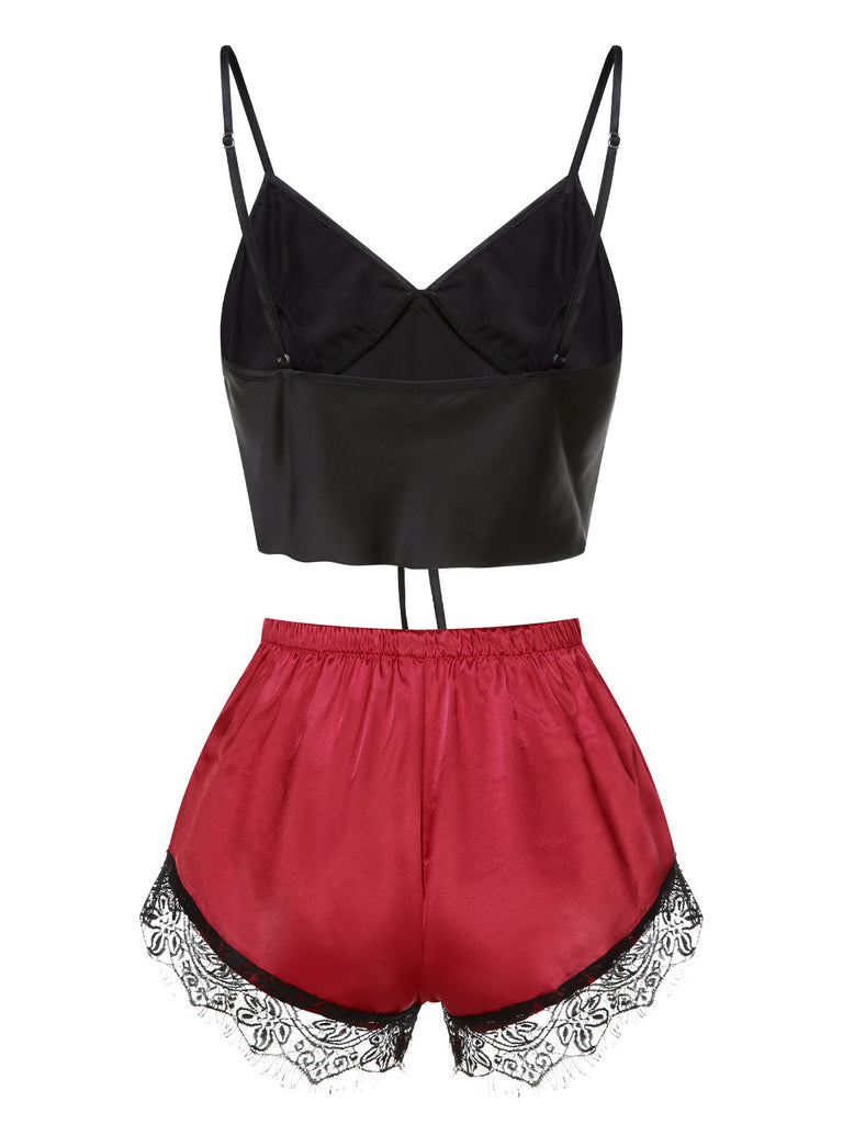 Schwarz & Rot 1950er Spaghetti Träger Spitze Nachtwäsche
