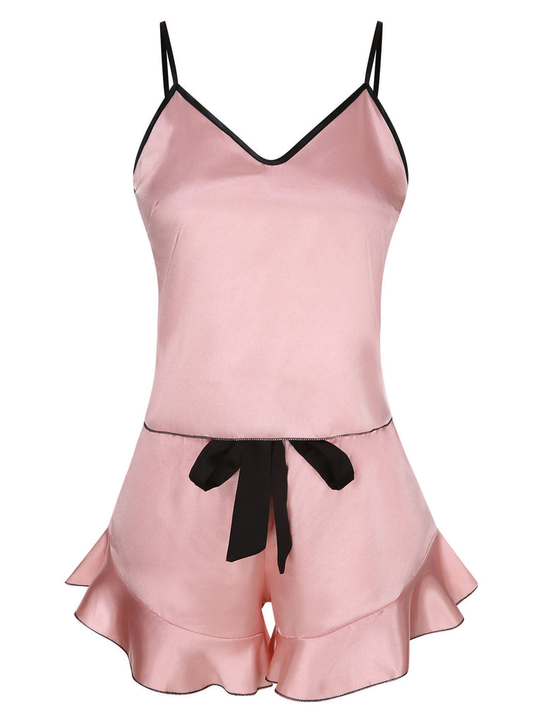 1970er Spaghetti Träger Satin Band Pyjama