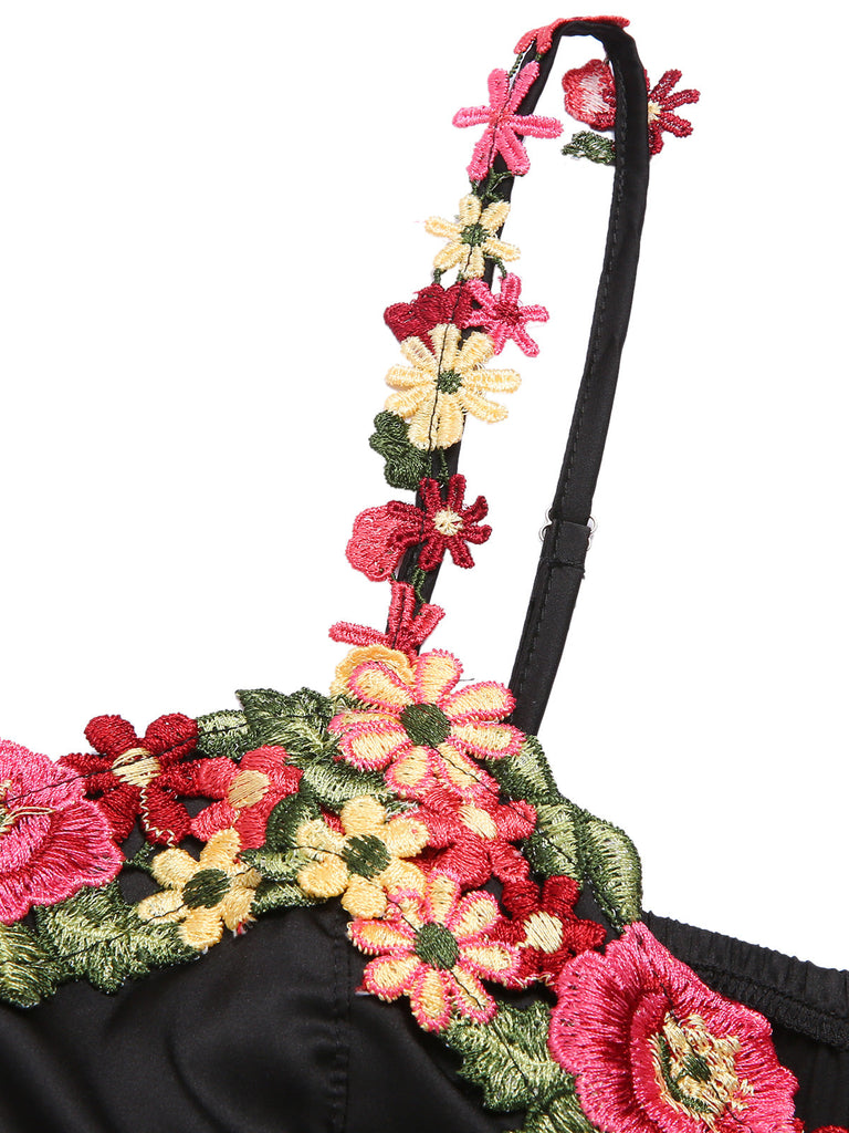 Schwarz 1950er 3D Blumenmuster Hosenträger Nachtwäsche