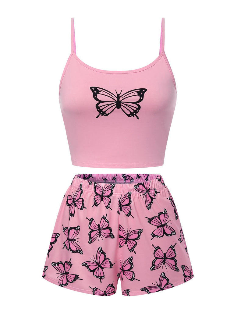 Rosa 1970er Spaghetti Träger Schmetterling Pyjama