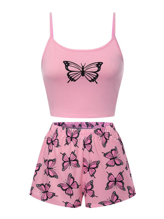 Rosa 1970er Spaghetti Träger Schmetterling Pyjama
