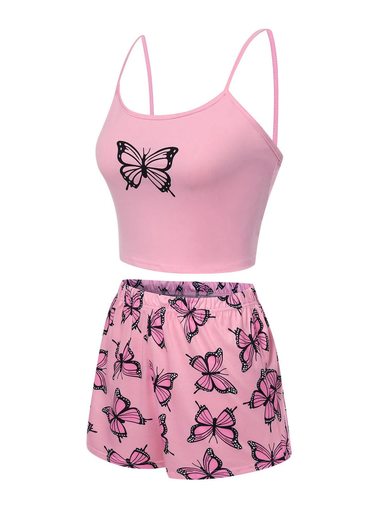 Rosa 1970er Spaghetti Träger Schmetterling Pyjama