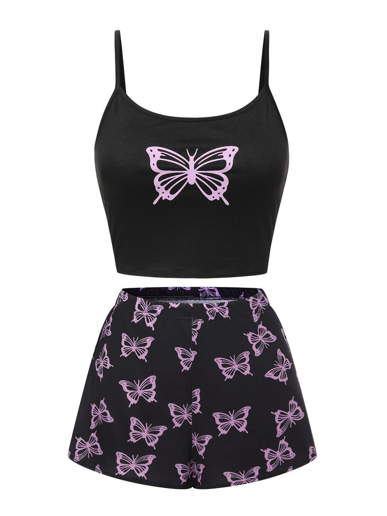 Rosa 1970er Spaghetti Träger Schmetterling Pyjama