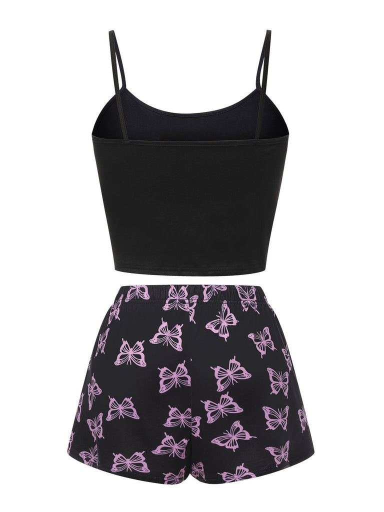 Rosa 1970er Spaghetti Träger Schmetterling Pyjama