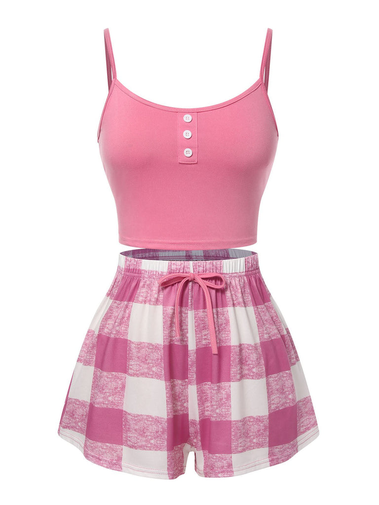 Rosa 1970er Camisole Top & Plaid Shorts Schlafanzug