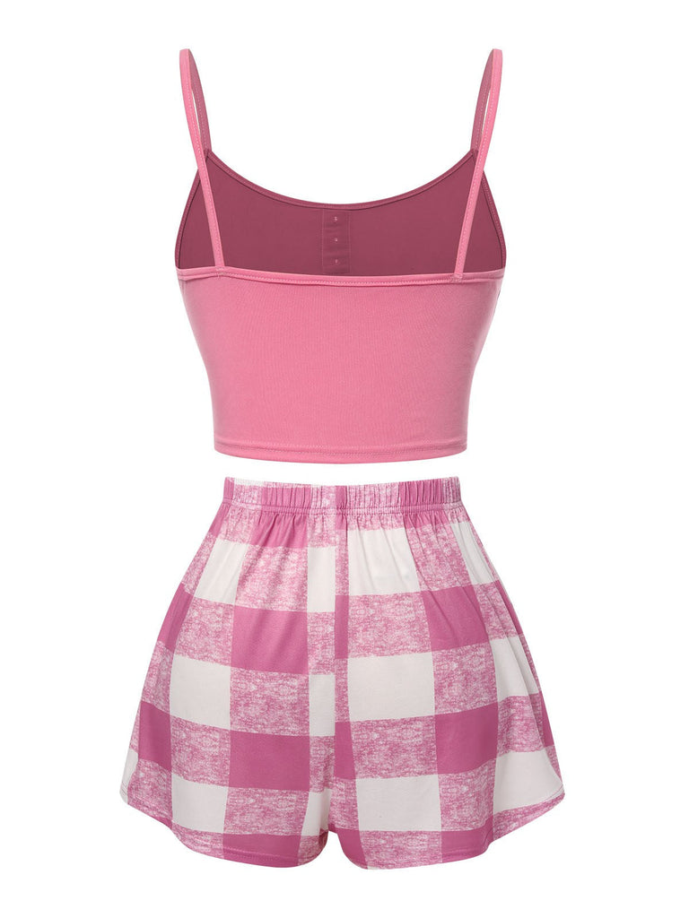 Rosa 1970er Camisole Top & Plaid Shorts Schlafanzug