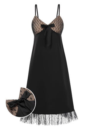 Schwarz 1950er Heart Dots Mesh Bow Nightgown