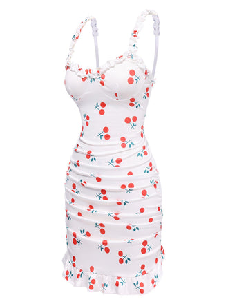 1960er Rot Kirsche Gerüscht Saum Träger Nachthemd