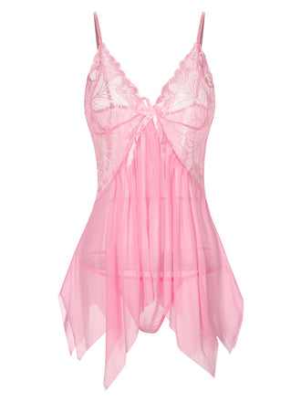 Rosa transparente 70er Nachtwäsche mit Spaghettiträgern und Rüschen