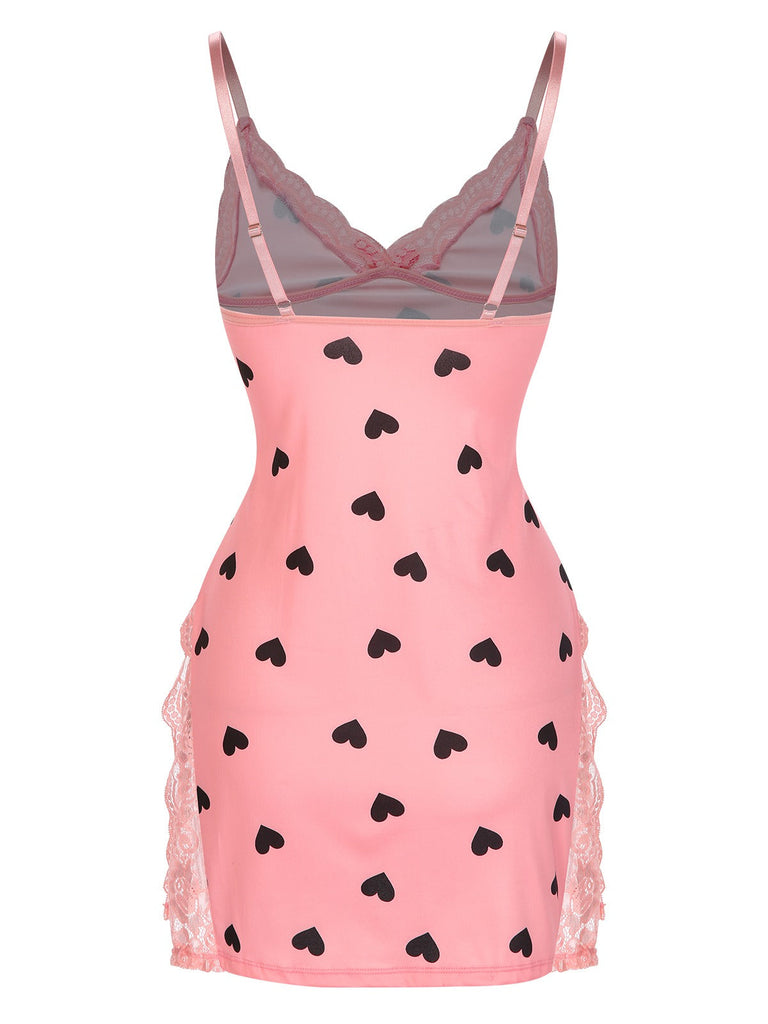 Rosa 1950er Spaghetti Träger Spitze Herzen Nachthemd