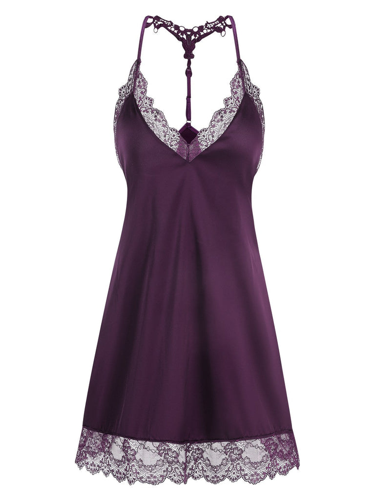 1970er Spitze Patchwork Spaghetti Träger Nachthemd