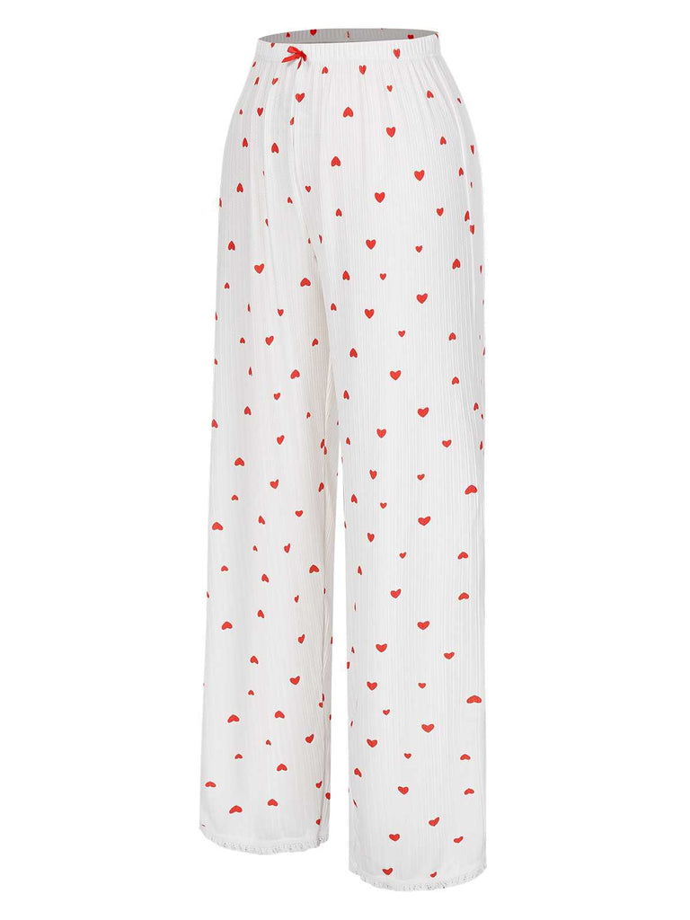 Weiß 1970er Herz Bogen Lange Ärmel Pyjama-Set