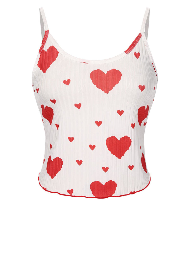 Rot 1970er Herzen Stricken Spaghetti Träger Pyjama