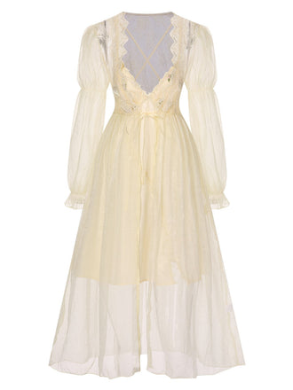 2PCS Aprikose 1950er Blumen Träger Schlitz Nachthemd & Robe