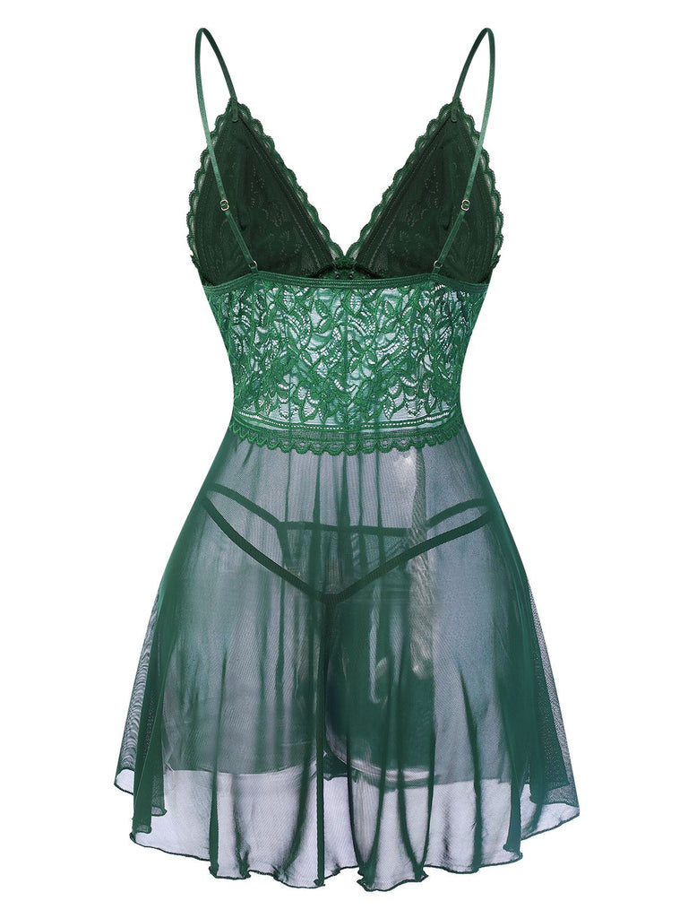Grün 1960er Spaghetti Träger Spitze Transparent Nachthemd