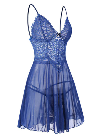 Blau 1960er Spaghetti Träger Spitze Transparent Nachthemd