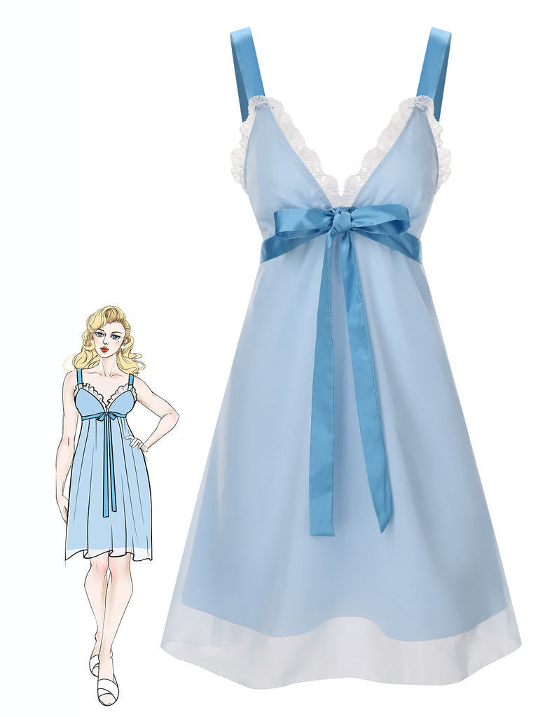 [Vorverkauf] Hellblau 1950er Träger Spitze Patchwork Nachthemd