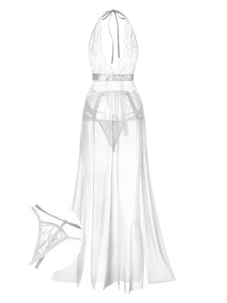 Weiß 1970er Halter Sheer Spitze Schlitz Lang Nachthemd