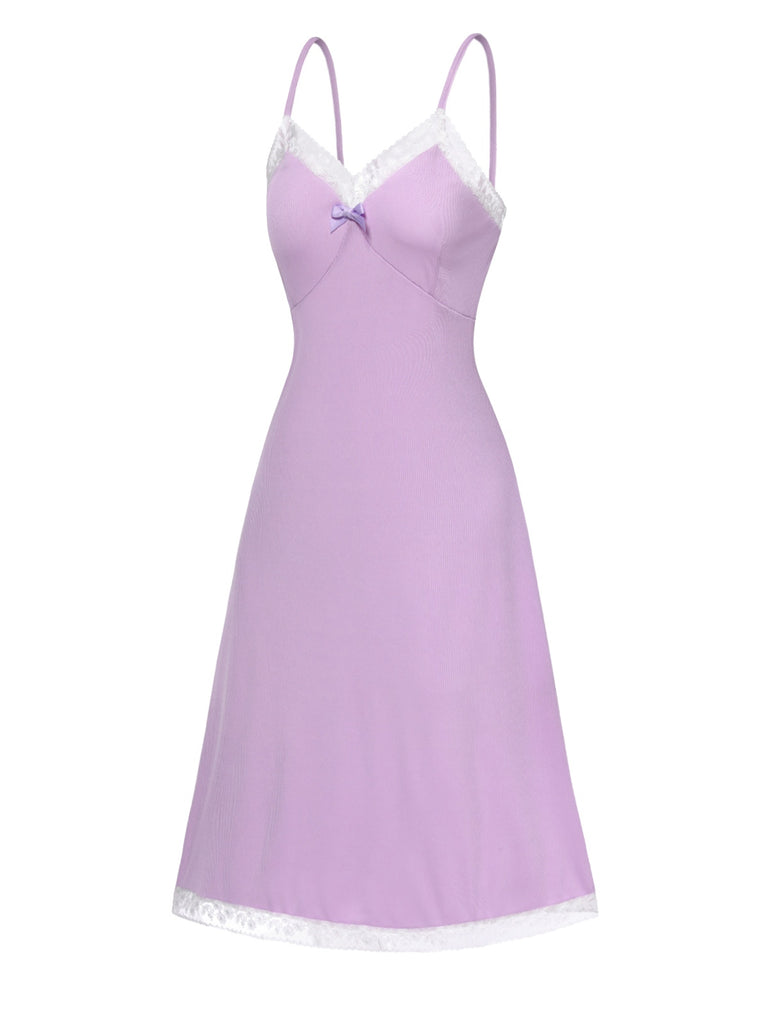 [Vorverkauf] Lila 1930er Strick V-Ausschnitt Spitze Nachthemd