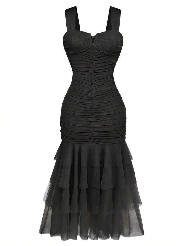 Schwarz 1930er Solide Netz Patchwork Gerafft Enges Kleid