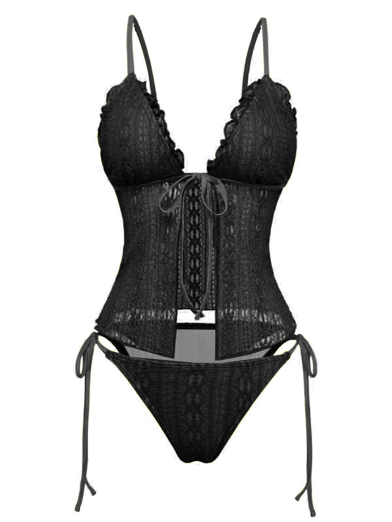 Schwarzer Bikini aus doppellagigem Spitzenstrickstoff im Stil der 1940er Jahre